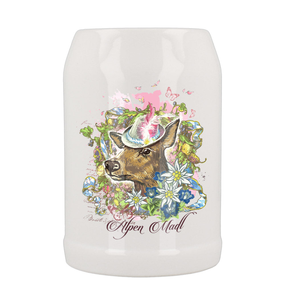 Bierkrug 0,5 in weiß mit Alpen Madl Druck